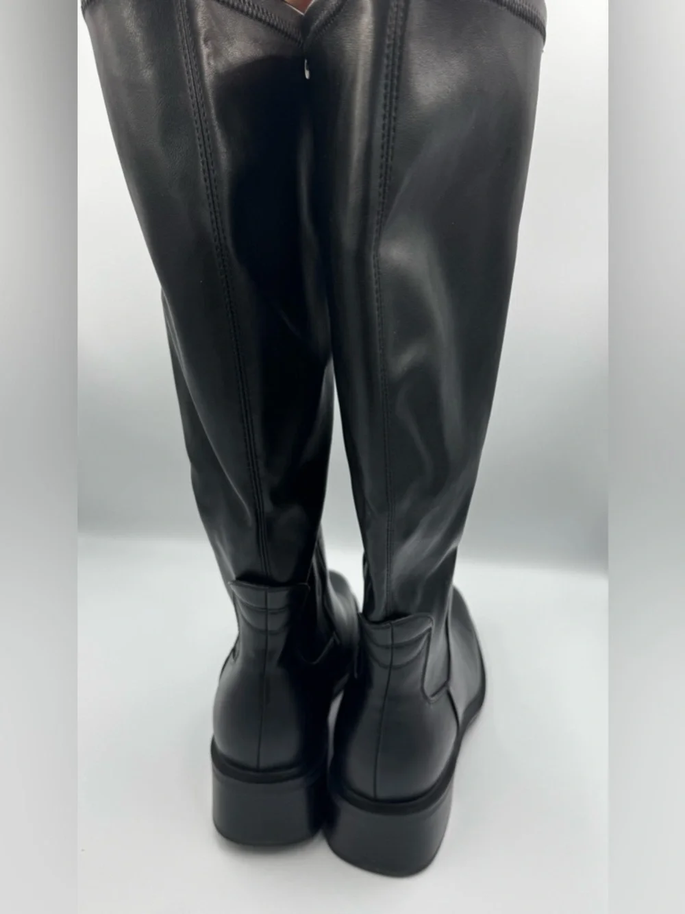 Black Vegan Leather Square Toe Knee High Boots Block Heel Size 10